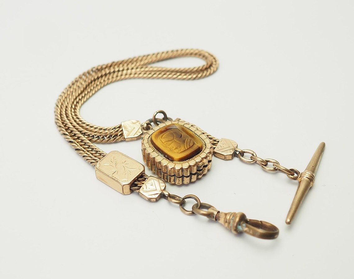 Antique gold filled carved tiger eye profile etched locket chain watch fob