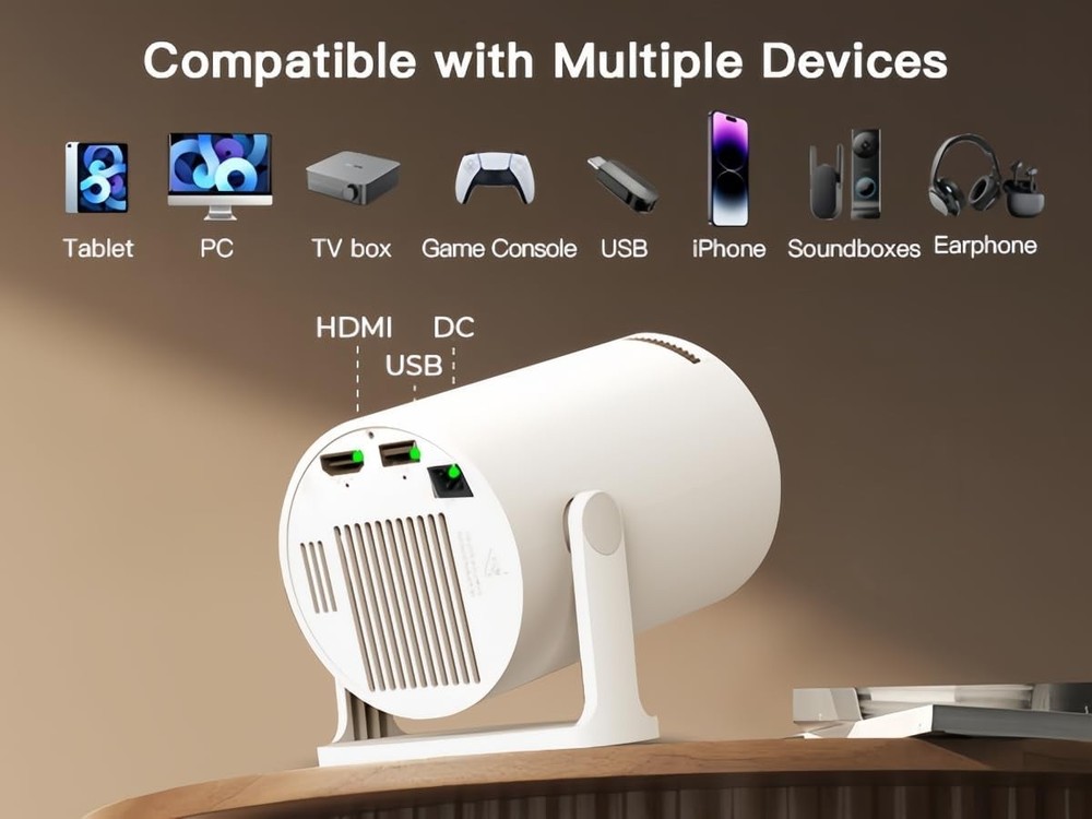 Mini Projector WiFi 6 Bluetooth 5.4 Android 14 1080P 4K Support Portable