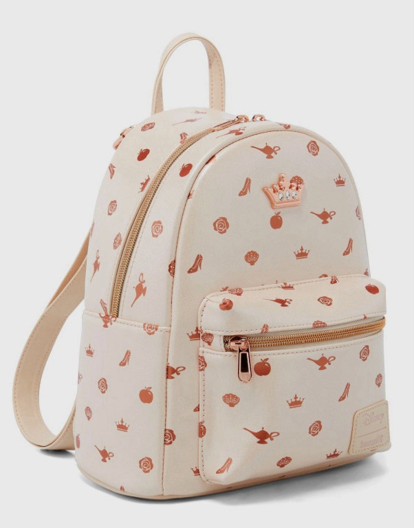 Loungefly Mini Backpack: Princess Icon Iridescent Pink Rose Gold Crown Print