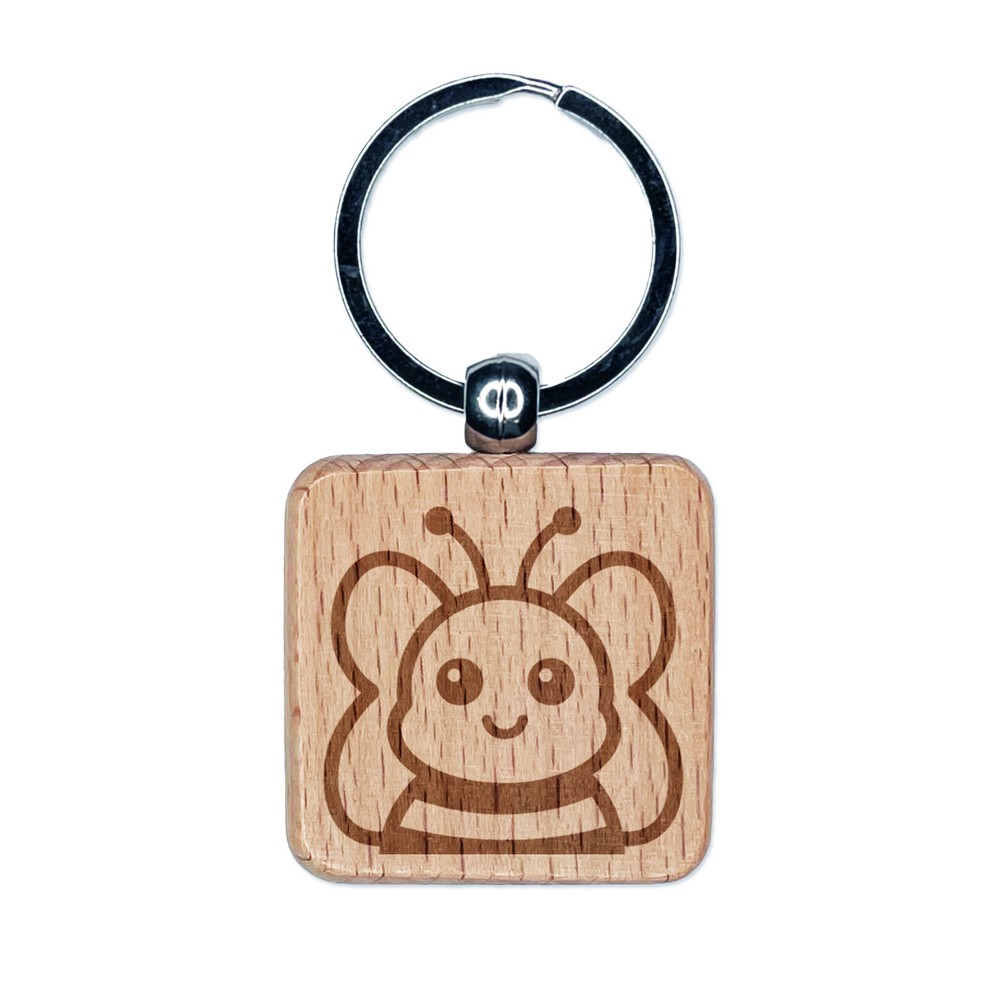 Peeking Bee Engraved Wood Square Keychain Tag Charm