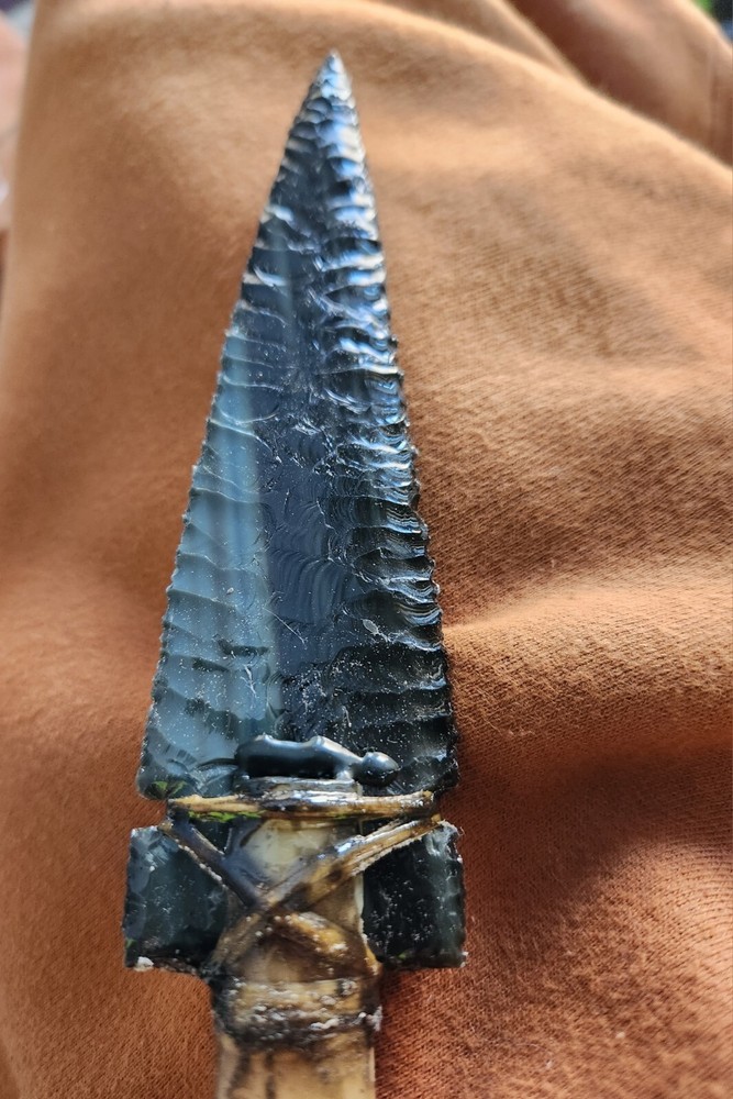 10.25" Obsidian knife Deer leg handle dagger flintknapping