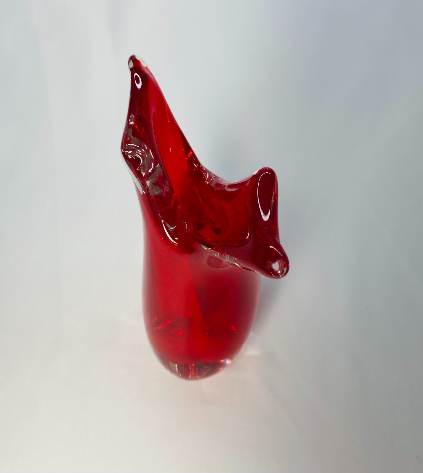 Vintage Murano Art Glass Red Sommerso Vase – Teardrop Fishtail Form, Italian Mid