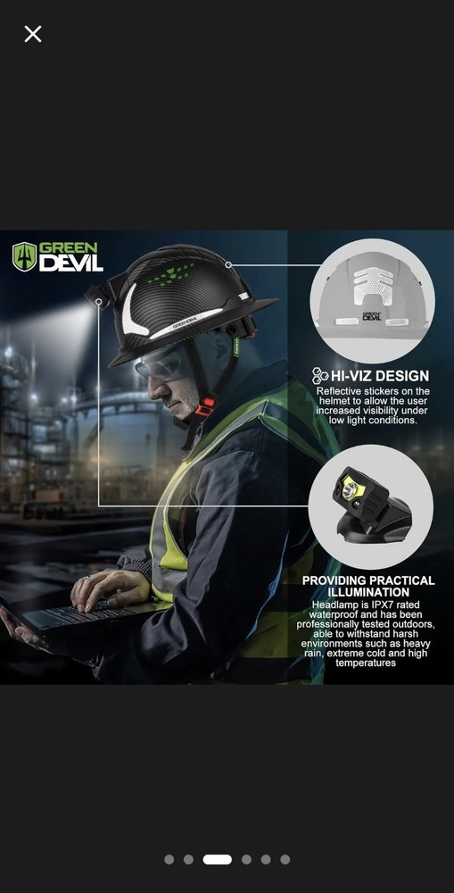 Construction Safety Helmet Vented with Headlight Matte Black GREEN DEVIL Matrix