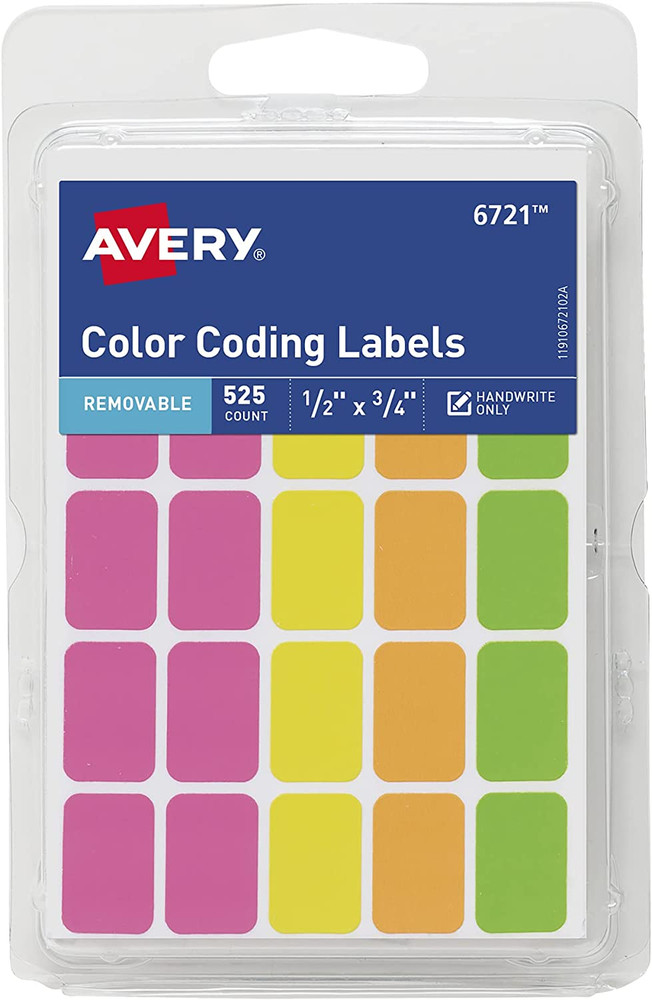 Removable Color Coding Labels, Rectangular, Assorted Colors, Pack of 525 (6721)