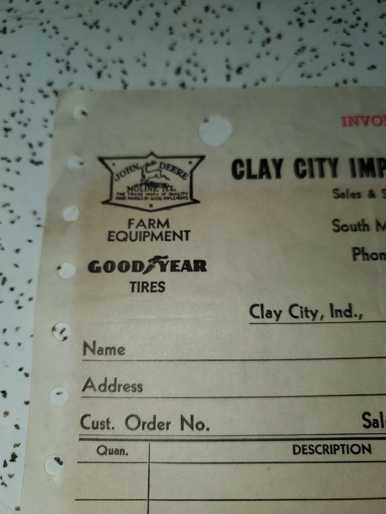 1957 Invoice CLAY CITY IMPLEMENT CO. / JOHN DEERE / GOODYEAR / G.E.