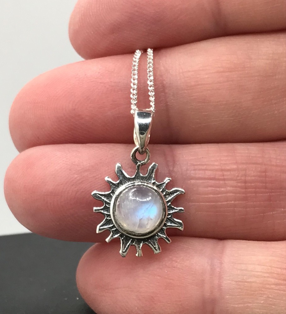 Rainbow moonstone pendant earrings set, solid Sterling silver, sun, gift box.