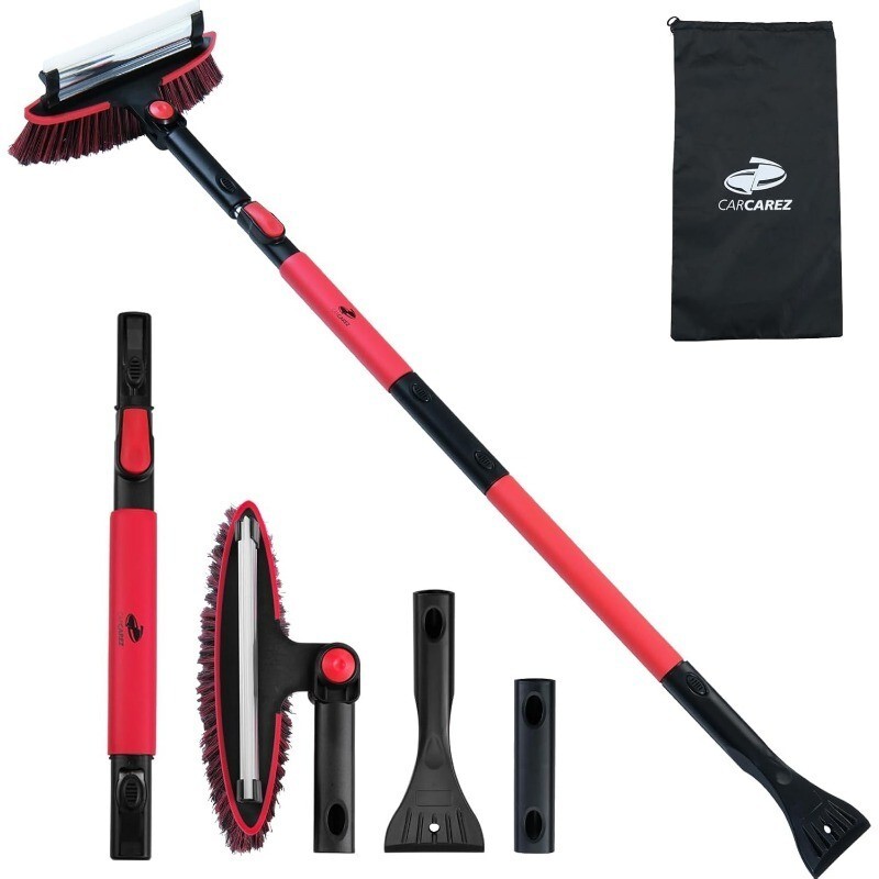 CarCarez Windshield Ice Scraper, Car Window Snow Removal Broom for Winter, Red