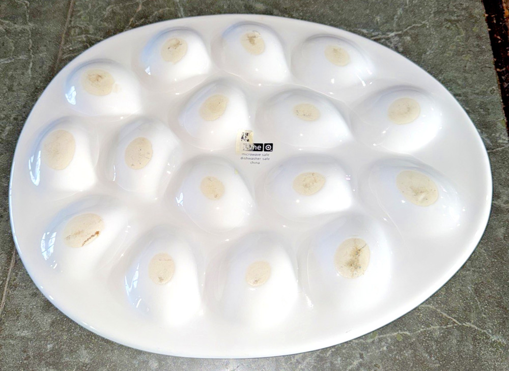 Big 24-slot Deviled Eggs Serving Platter Tray Solid White Stoneware Ellipse Oval