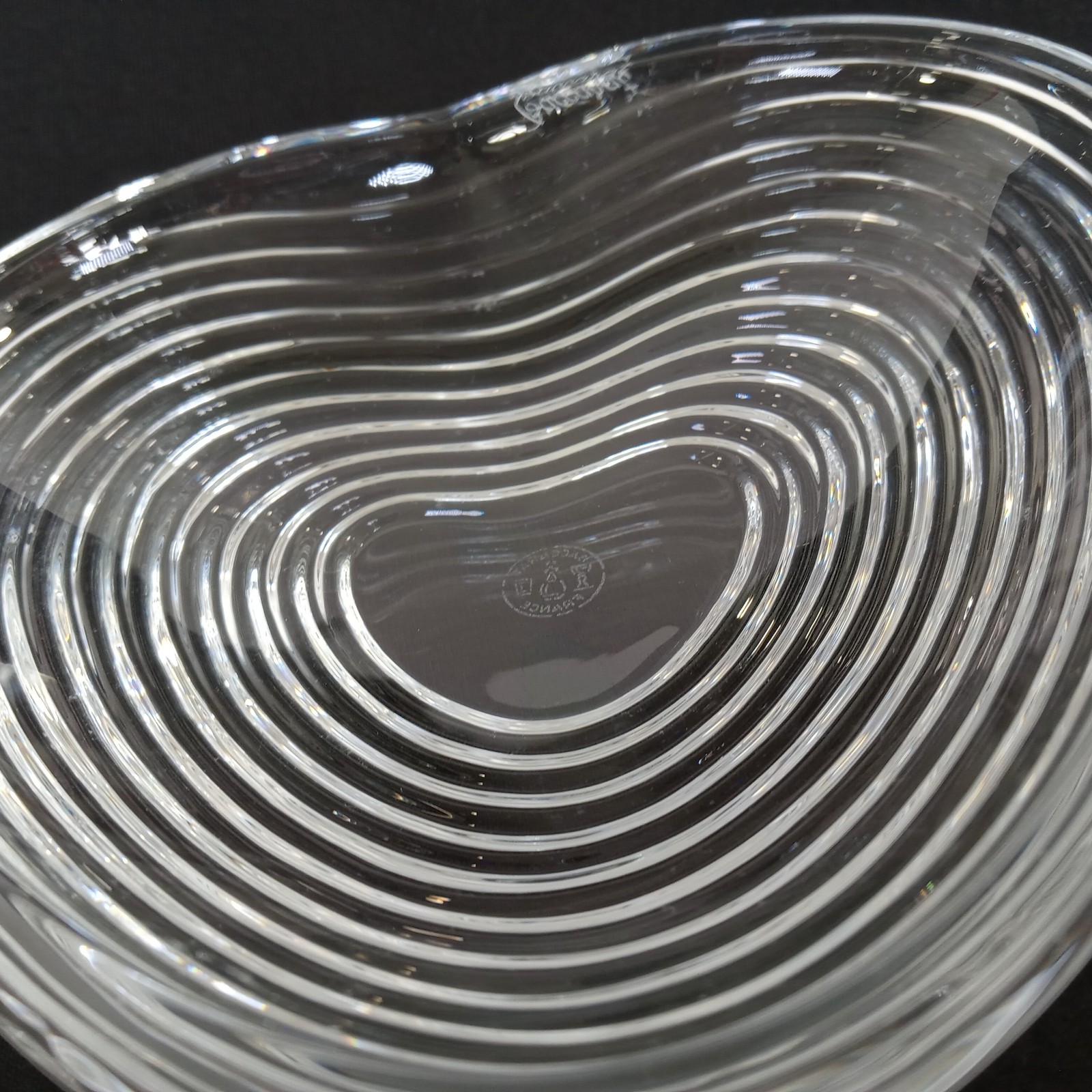 Baccarat Crystal Heart Dish Bowl Clear Ribbed France Signed Clear 4.75"