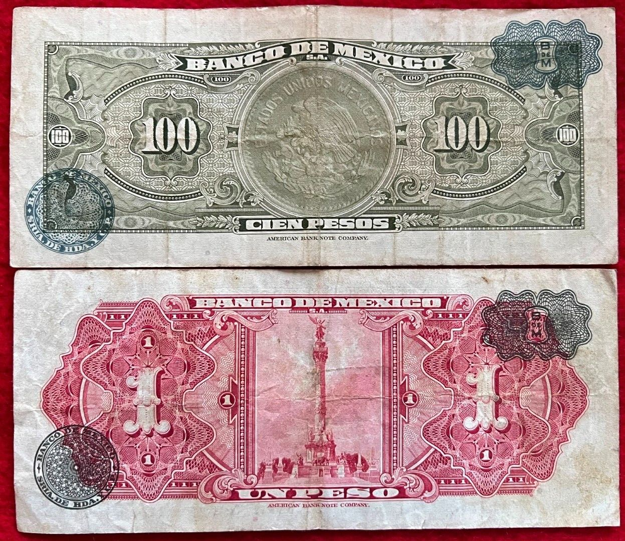 LOT of 10 MEXICO PESO BANKNOTES SERIES 1, 5,10,20,50,100,500,1000 BDM MEXICO ABN