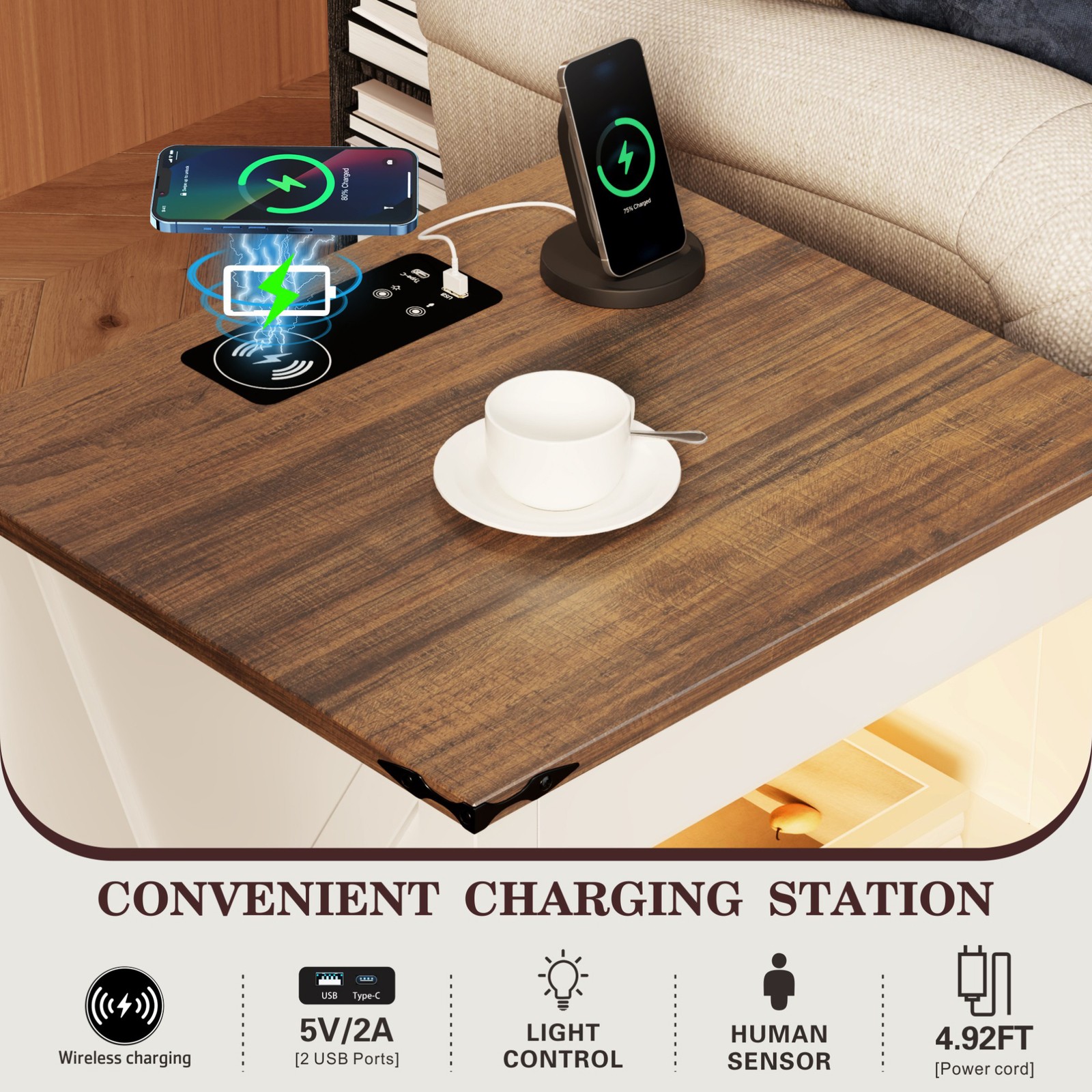 Night Stand with Gun Drawer, Bedside Table with Charging Station and LED Lights