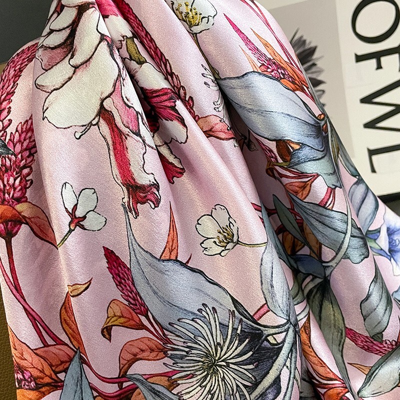 100% Mulberry Silk 27" Square Scarf Women Neckerchief Bandana Black Pink Flower