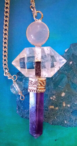 MAGIC TRINITY DOWSING PENDULUM, AMETHYST CRYSTAL, ROSE QUARTZ, HERKIMER DIAMOND