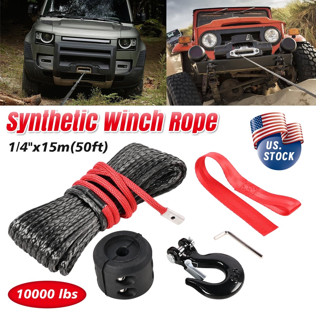 Synthetic Winch Rope Kit, 1/4'' x 50FT w/ 10000 lbs Strength, Protective Sleeve