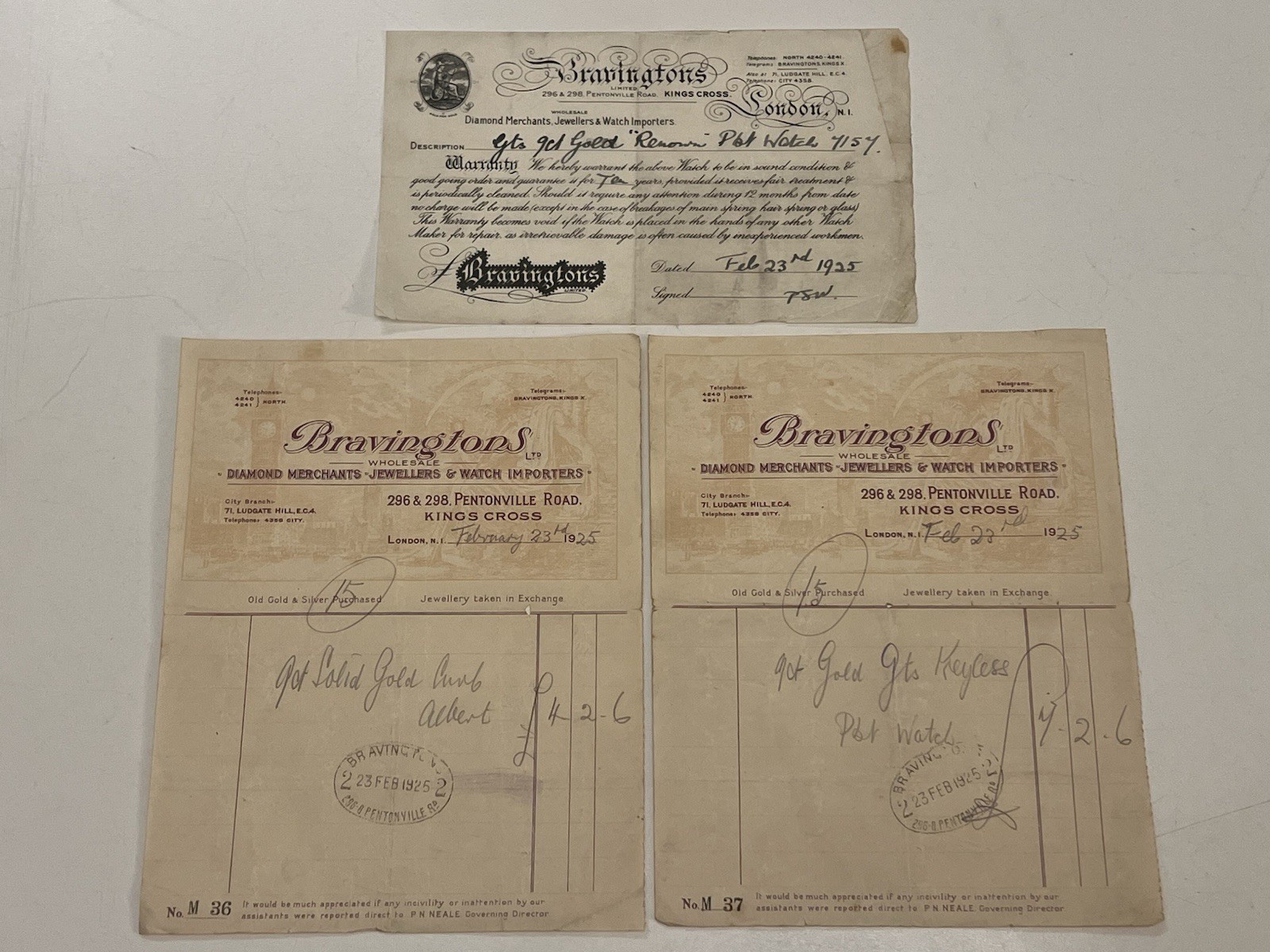 1925 Bravingtons Gold Watch & Chain Receipts + Guarantee Set V Rare