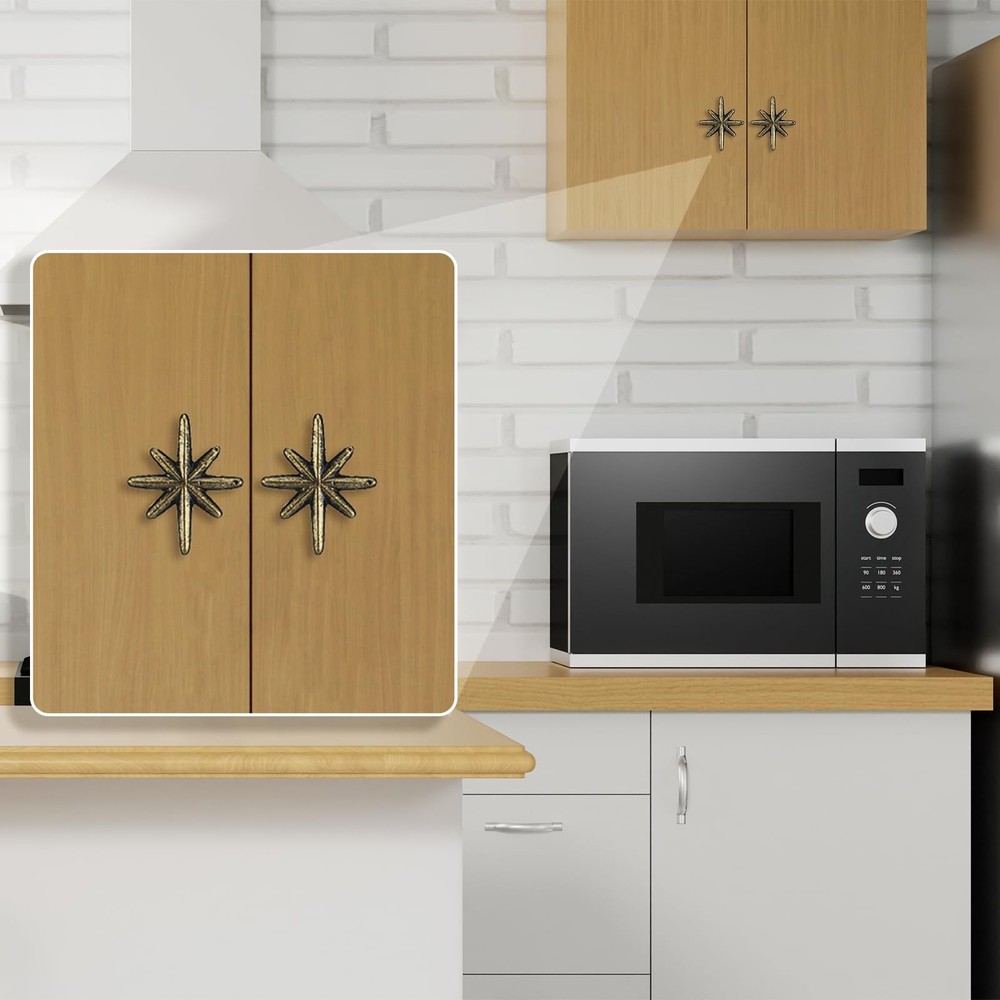 6 Set Unique Antique Gold Cast Iron Drawer Pulls & Cabinet Knobs, 8-Pointed S...