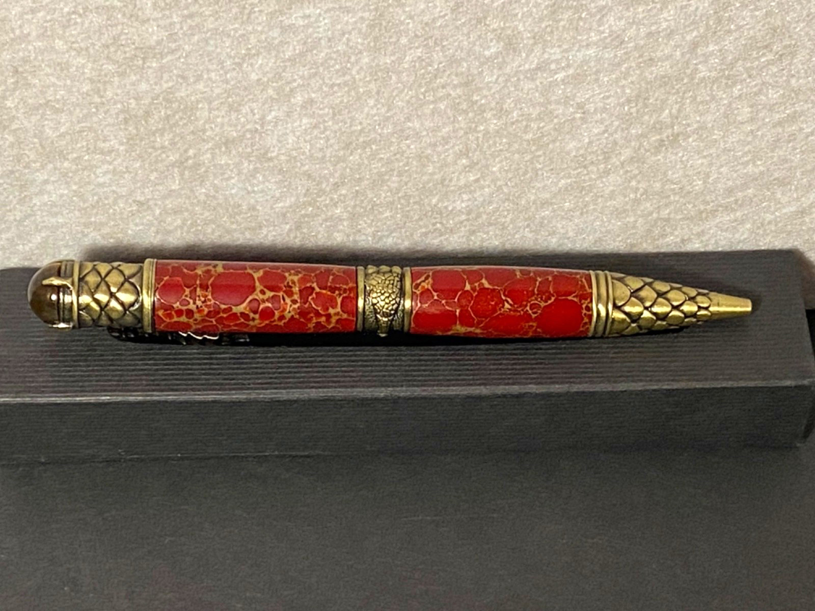 Red Jasper Crouching Dragon Armored Scales Twist Ballpoint Pen Tigers Eye