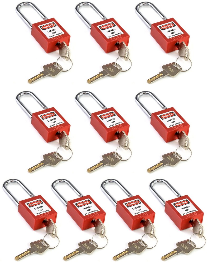 QWORK Red Lockout Tagout Safety Padlock 10 Pack 20 Keys Keyed Different