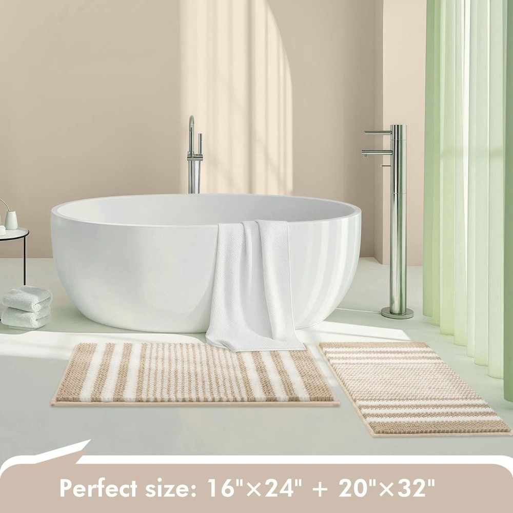 Soft Absorbent Chenille Bath Mat Set, Non-Slip, Machine Washable, Khaki