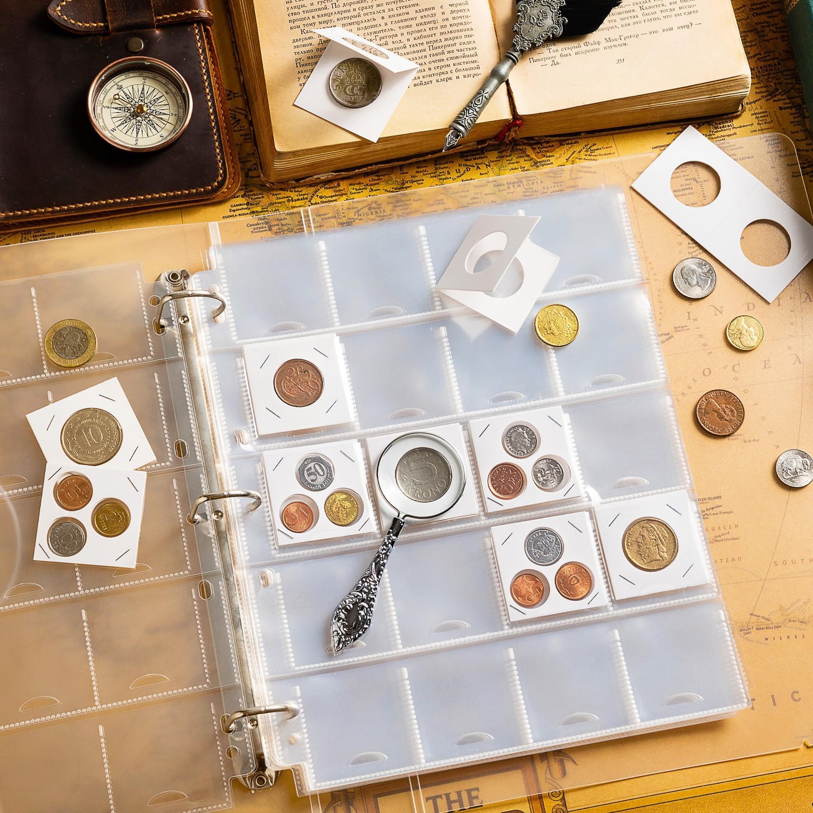 30 Sheets Uncle Paul Coin Binder Sheets 2" x 2" Coin Flips - 600 Pockets 7 Holes