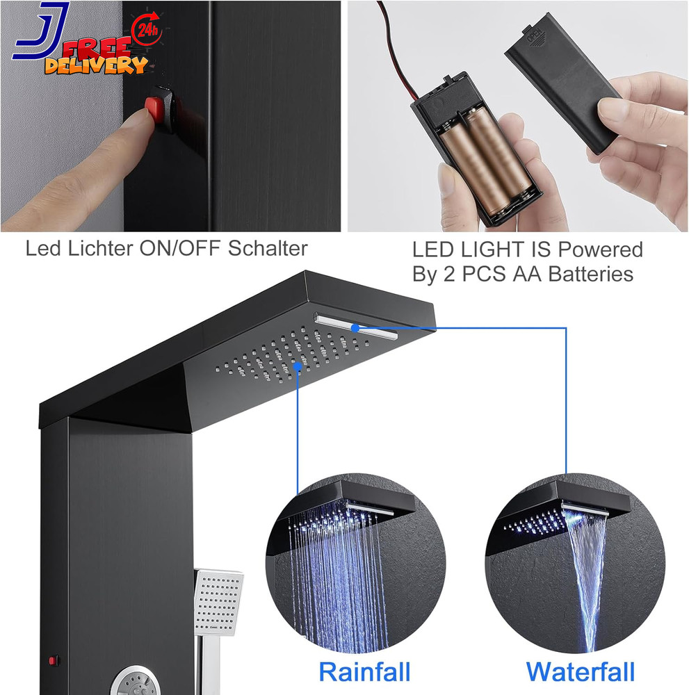 Multi-Function LED Lights Shower Panel System Black 5 in 1 Shower Panel NEW