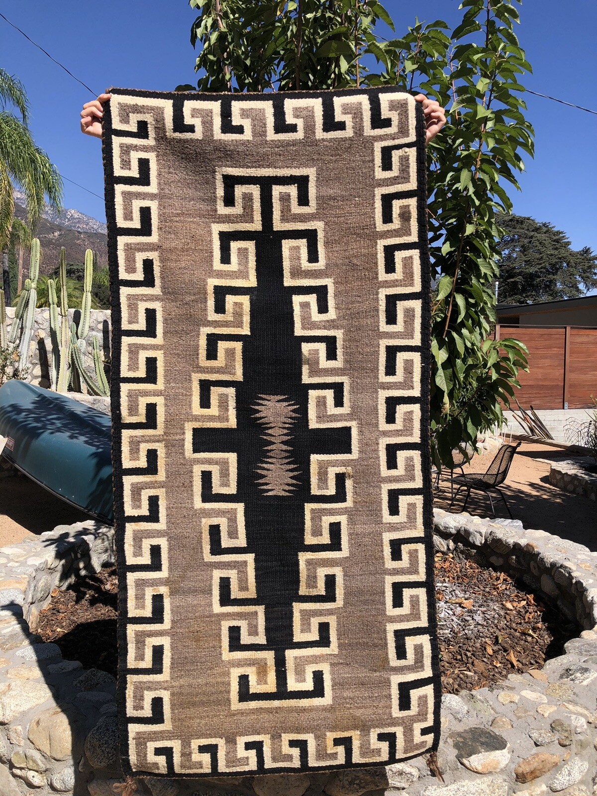 ANTIQUE NAVAJO WEAVING RUG NATURAL CHURRO WOOLS AUTHENTIC NATIVE c1930 62”x29”