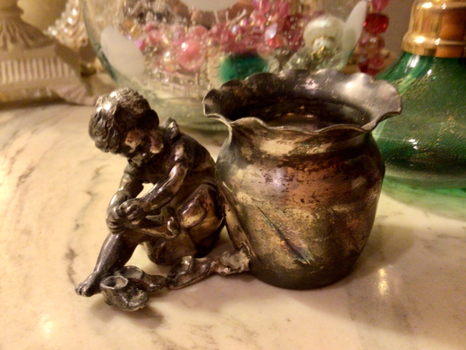 Antique DERBY SILVER Co Quadruple Plate Figural Cherub Toothpick/Match Holder