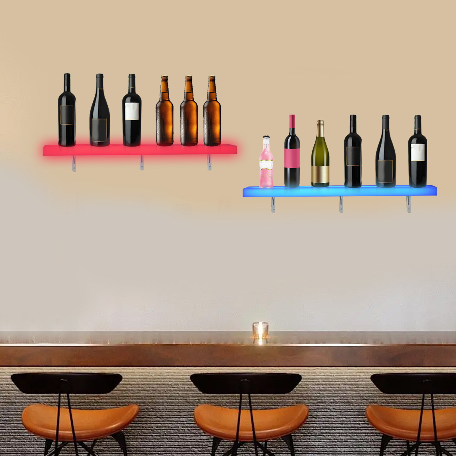 2PCS LED RGB Liquor Bottle Display Shelf Acrylic Lighted Bar Shelf for Home/Bar