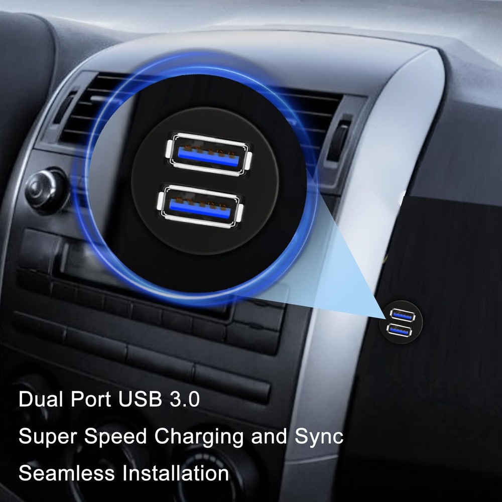 GOBGOD Double Ports USB 3.0 Car Flush Mount Cable, Dash Black