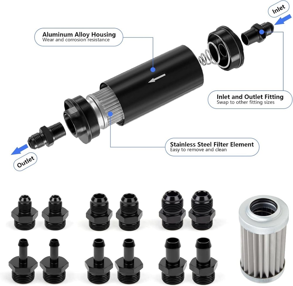 10 Micron Inline Fuel Filter with 6AN 8AN 10AN Fitting Adapter+ Filter Element