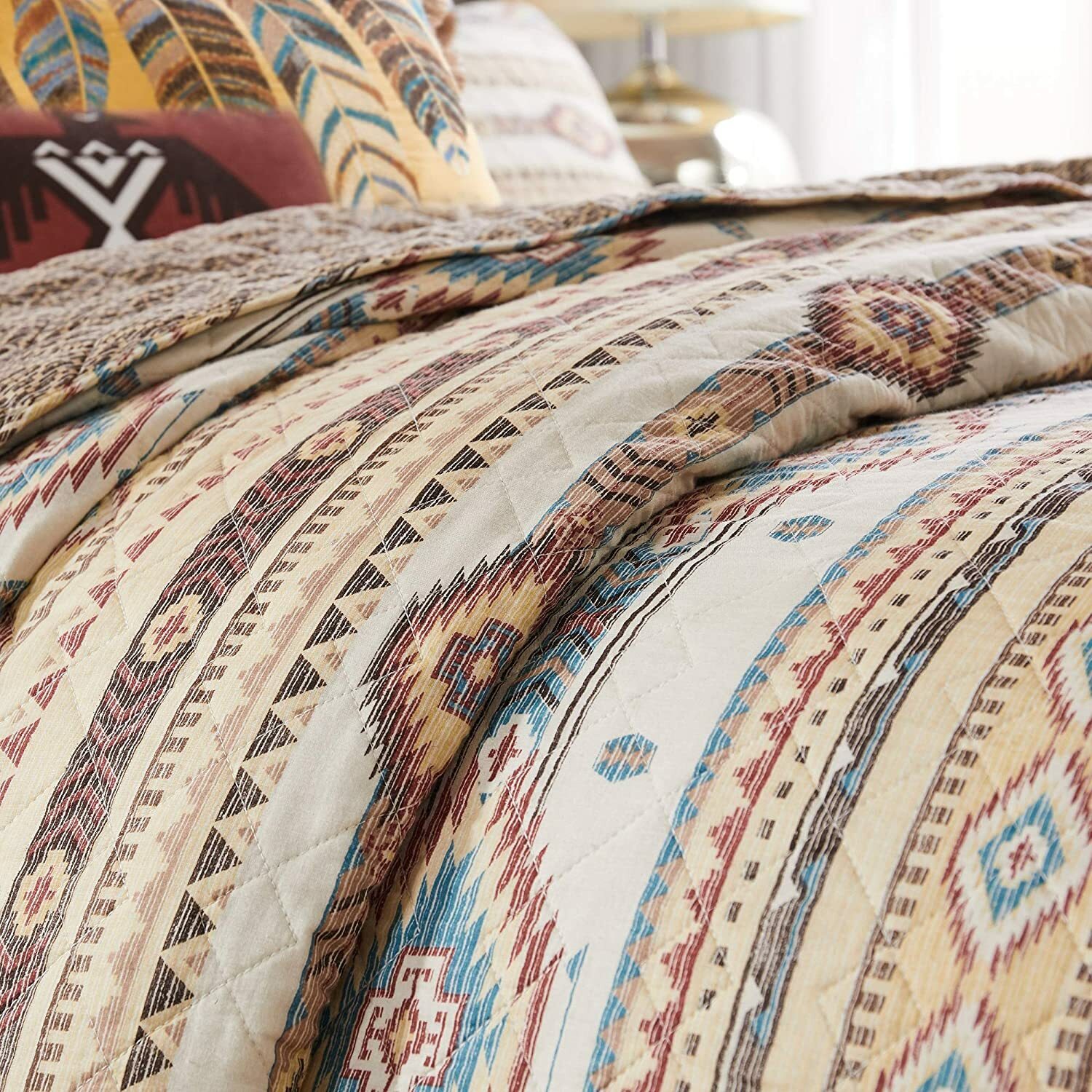 SOUTHWESTERN PHOENIX 3p King QUILT SET : BROWN TURQUOISE SOUTHWEST NATIVE TRIBAL