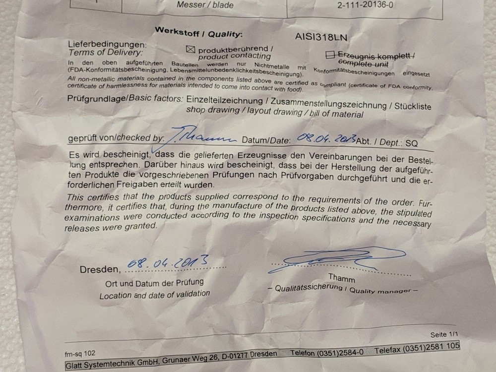 Glatt 2-111-20133-0 Crusher Messer Blade