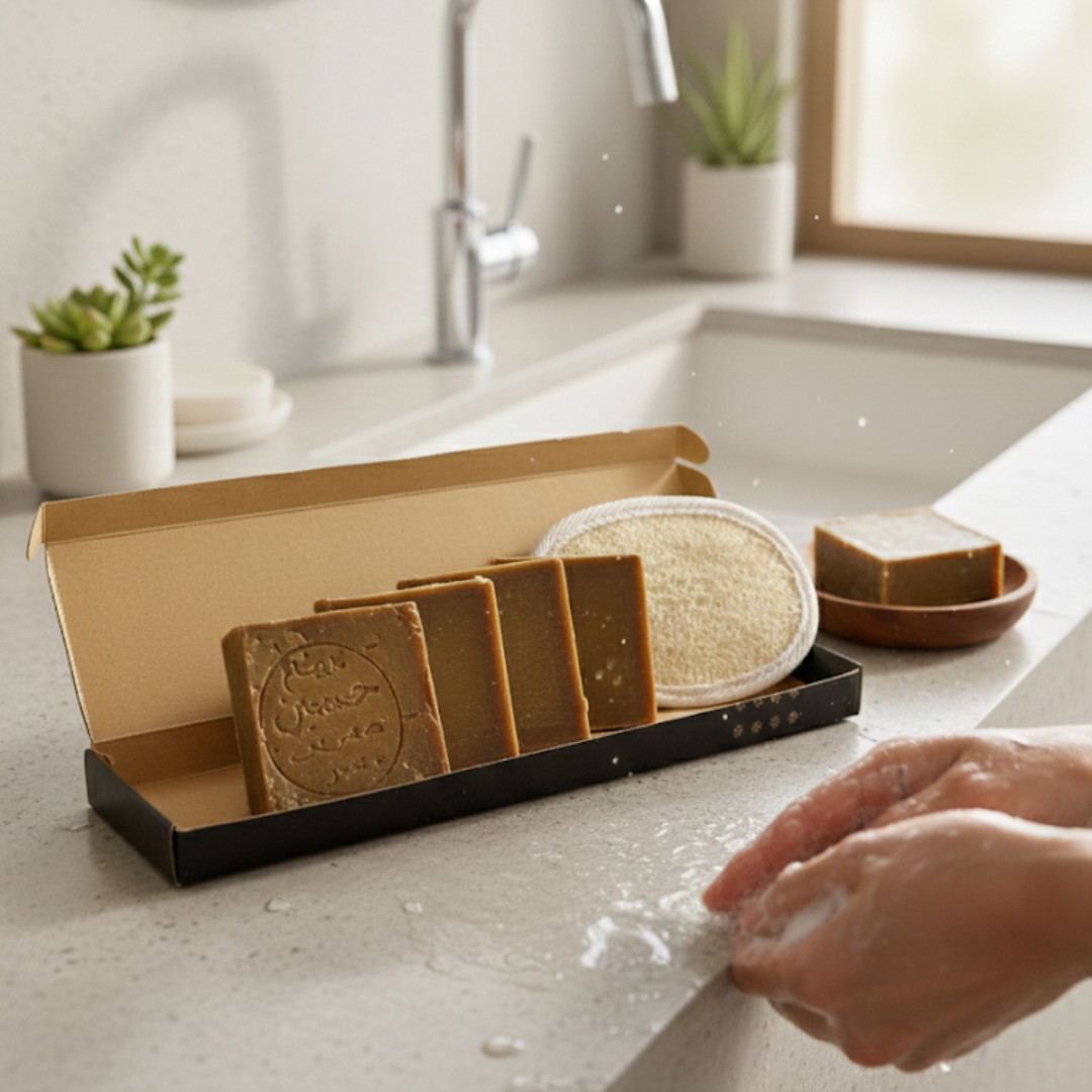 Alepo Soap Handmade Natural Ancient Olive & Laurel Oil Body Loofah 4 Bars Vegan