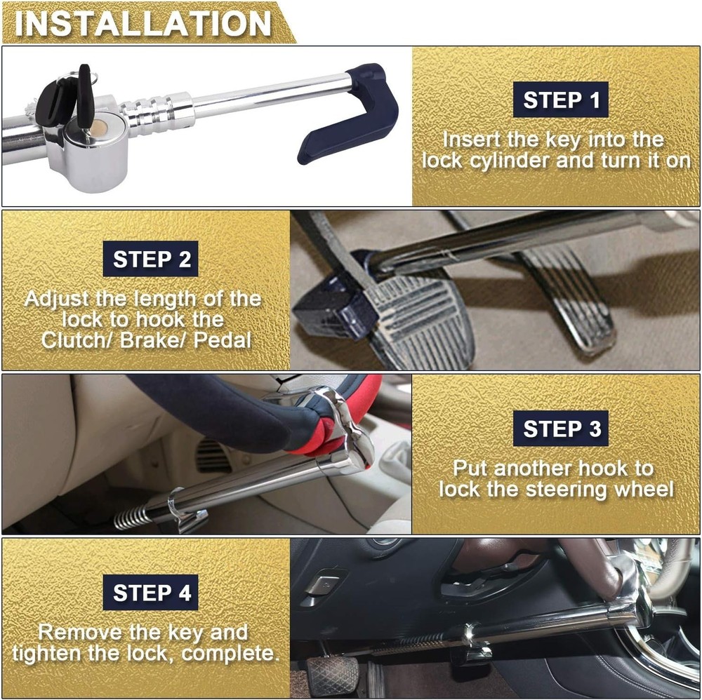 Universal Steering Wheel Brake Lock Anti-Theft Retractable Double Hook Extend...