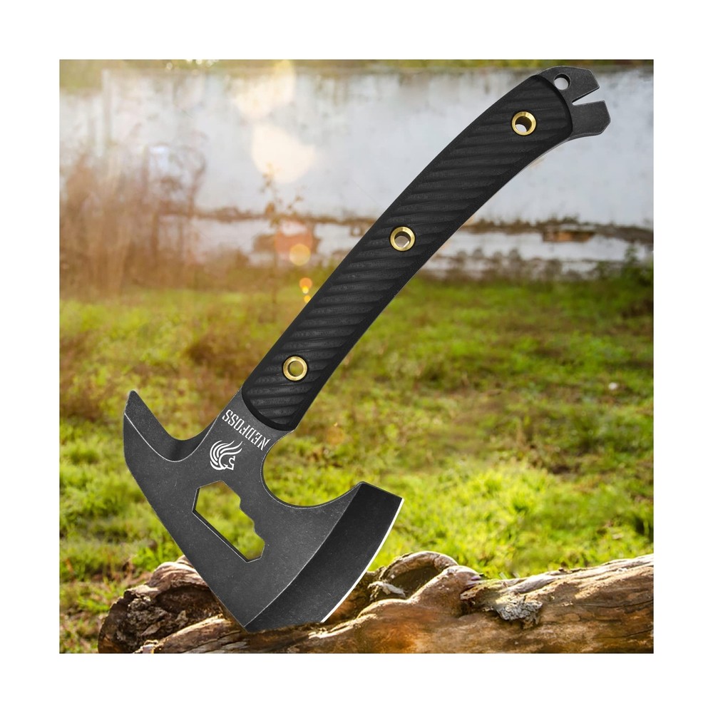 NedFoss Survival Axe, Multifunctional Pack Hatchet with Leather Sheath, Compa...