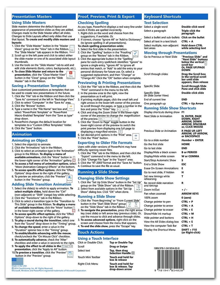 PowerPoint 2013 Training Guide Quick Reference Card 4 Page Cheat Sheet Help