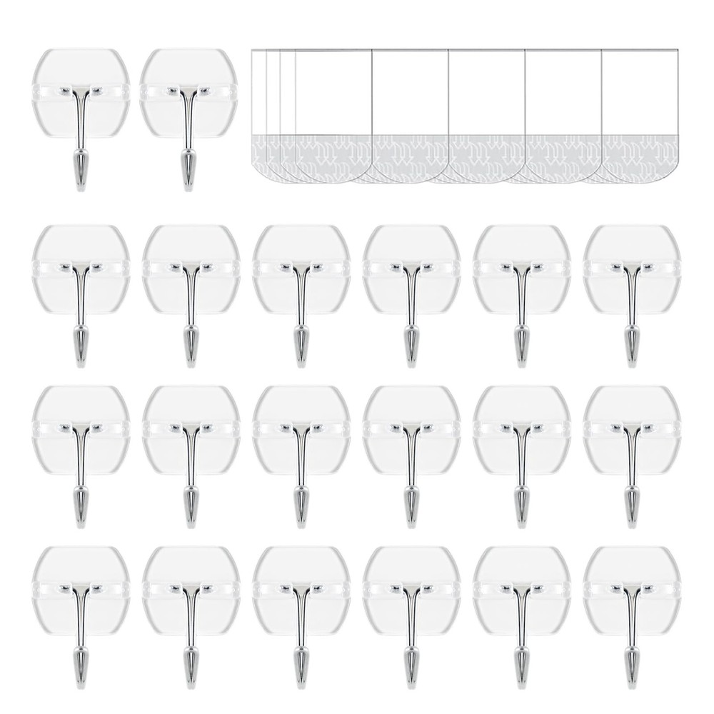 20 Hooks-25 Removable Strips, Small Clear Wire Hooks Value Pack, Damage Free ...