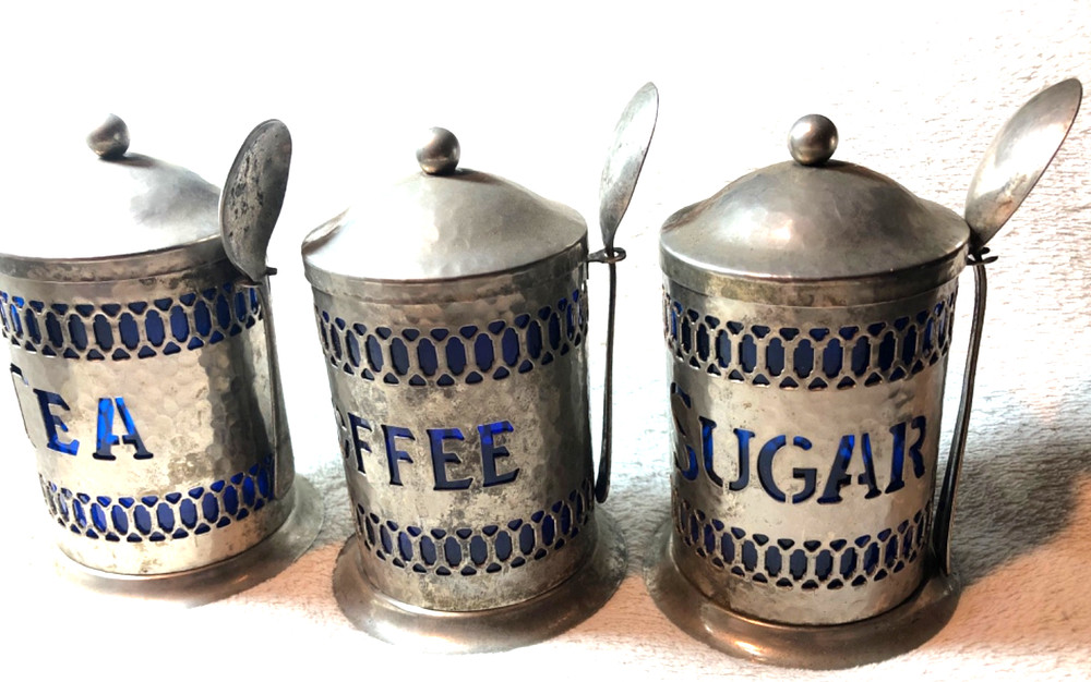 Silver-Plated Canisters Set Coffee, Tea, Sugar Vintage Leonard Made in England