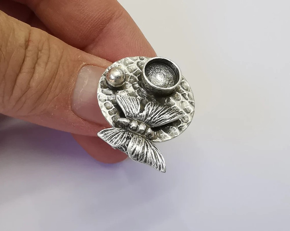 Butterfly silver ring setting blank cabochon mounting Adjustable ring base bezel