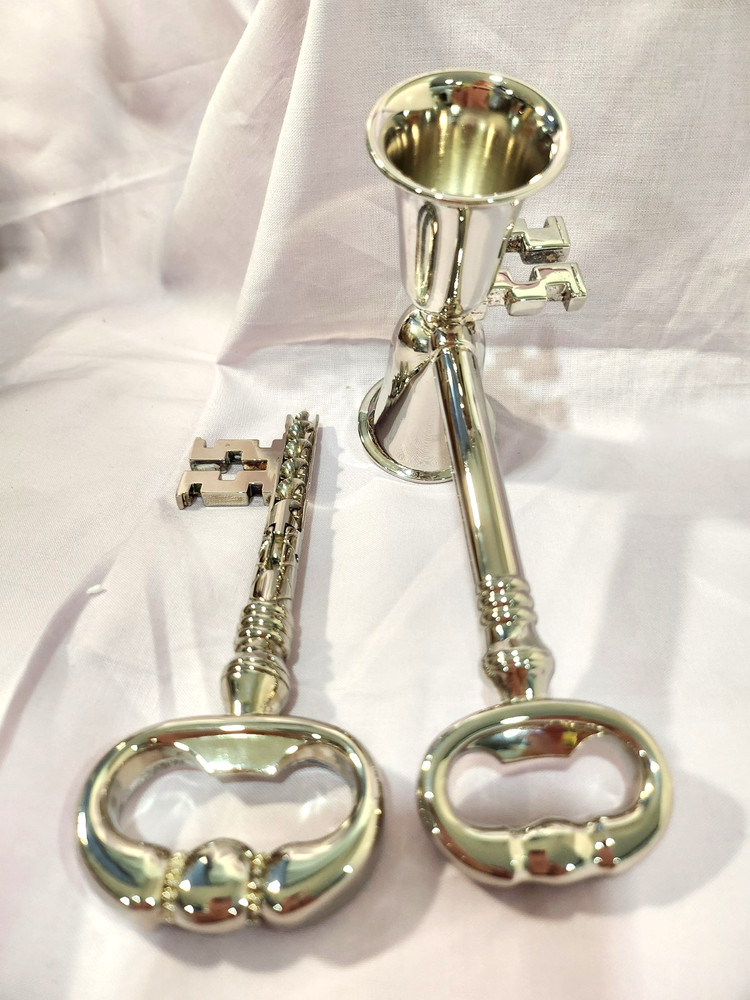 Bar Ware Set, Silver Plated from Neiman Marcus, Corkscrew & Double-Sided Jigger