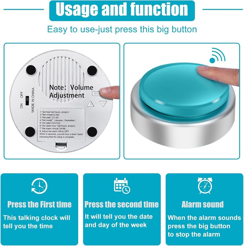 Large Talking Button Clock, Talking Alarm Clock with Volume Control, Telling ...