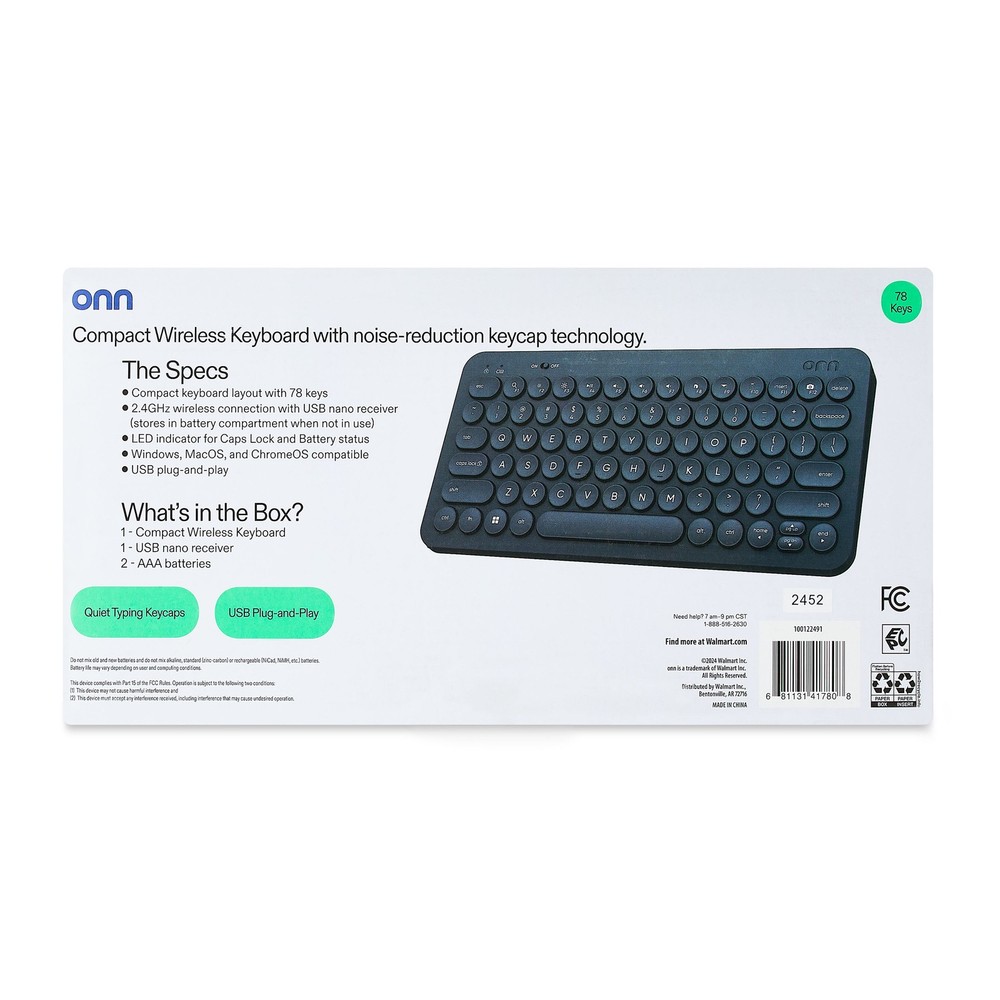 onn Mini Compact Wireless Office Keyboard USB Receiver, 78 Keys, Grey