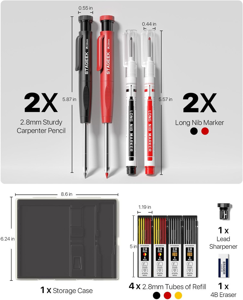 2 Pcs Carpenter Mechanical Pencils 2.8mm Refills Sharpener Deep Hole Markers