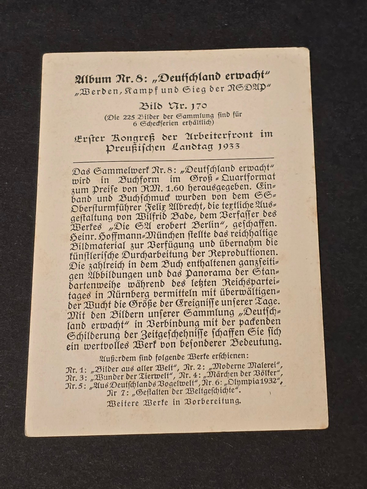 WWII German Third Reich LABOR FRONT CONGRESS Cigarette Tobacco Card 1st ed! 1933