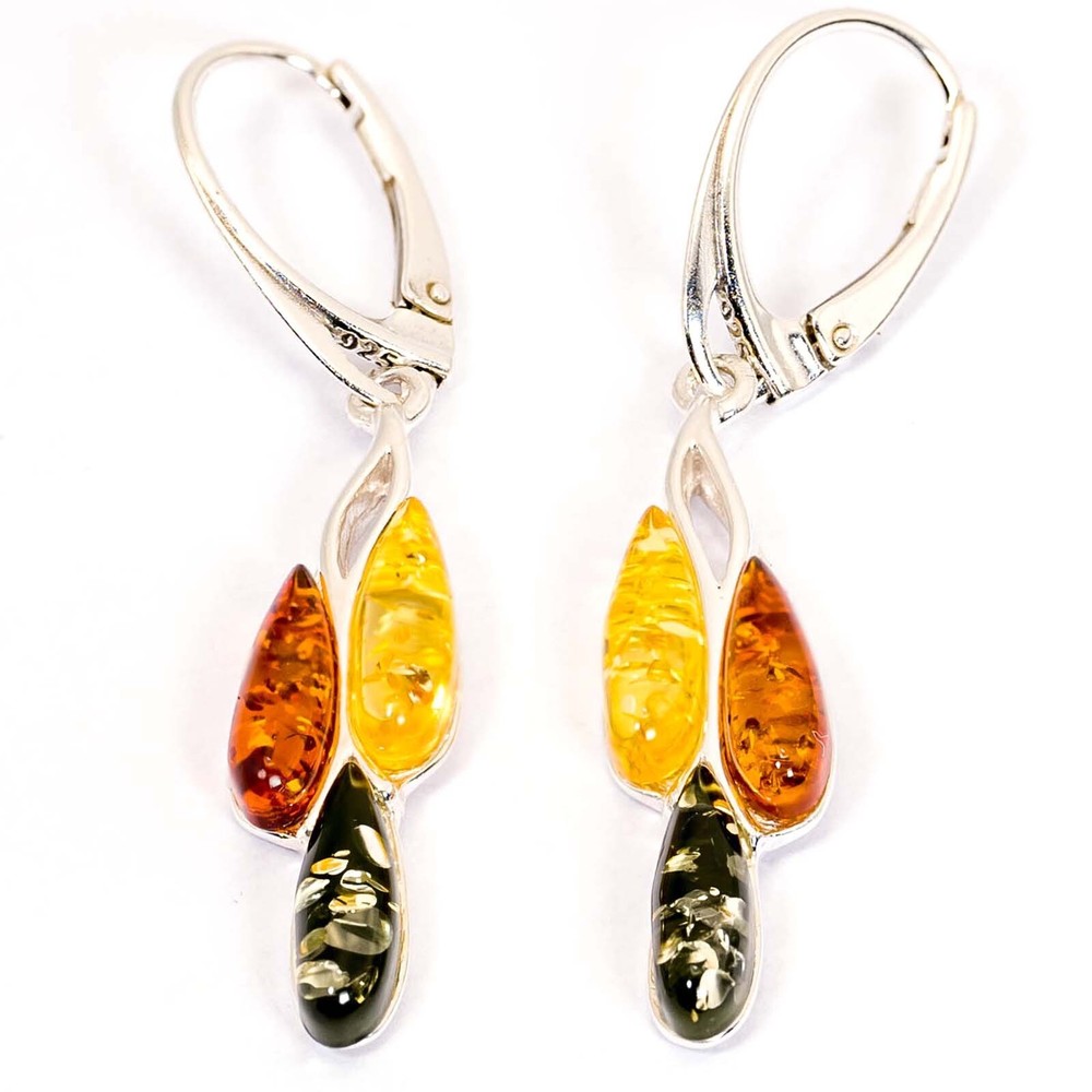 925 Solid Pure Sterling Silver Multicolor Baltic Amber Drop Leverback Earrings