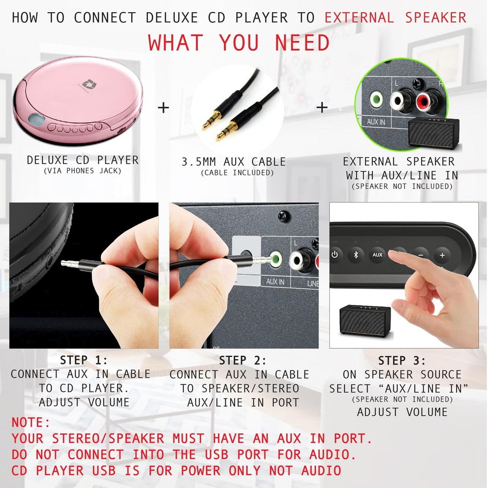 CD Player Portable with 60 Second Anti Skip, Stereo Earbuds, Includes Aux in ...