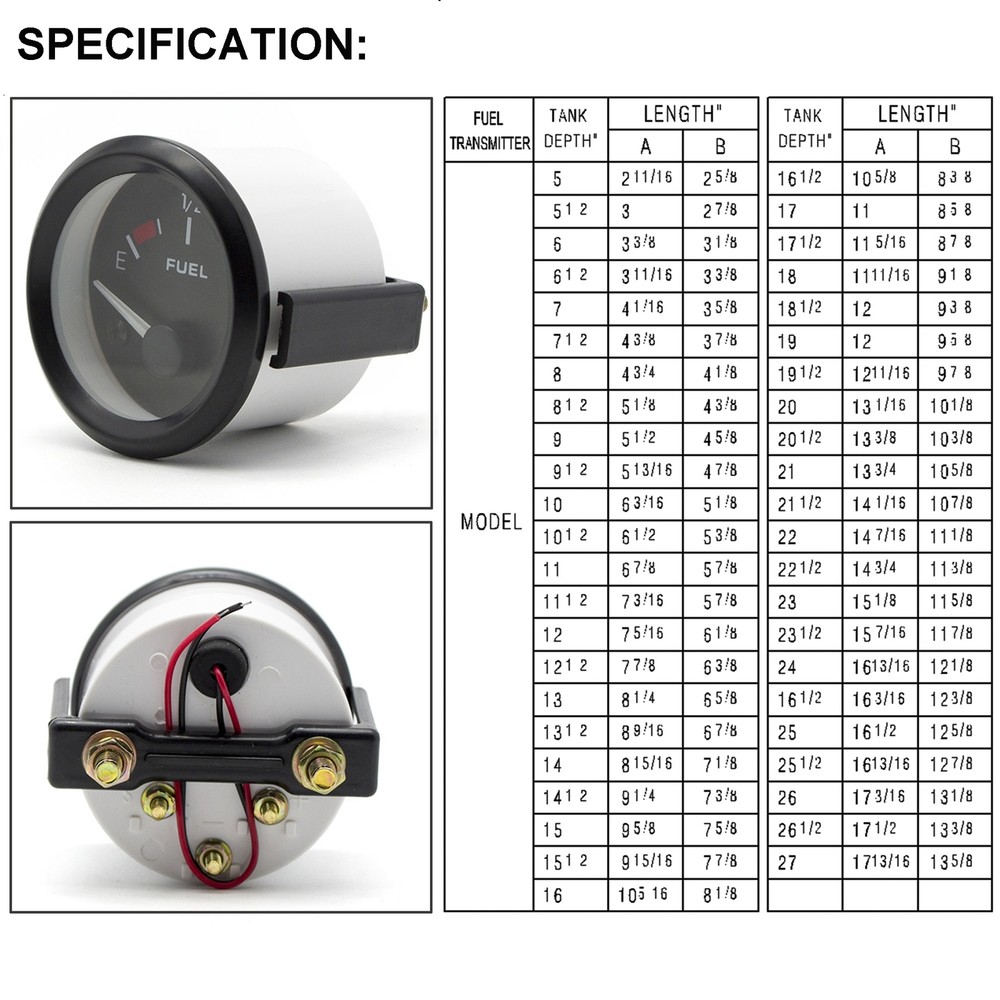 12V 2"52mm Fuel Level Gauge Meter W/Unit Fuel Level Sensor E-1/2-F Pointer