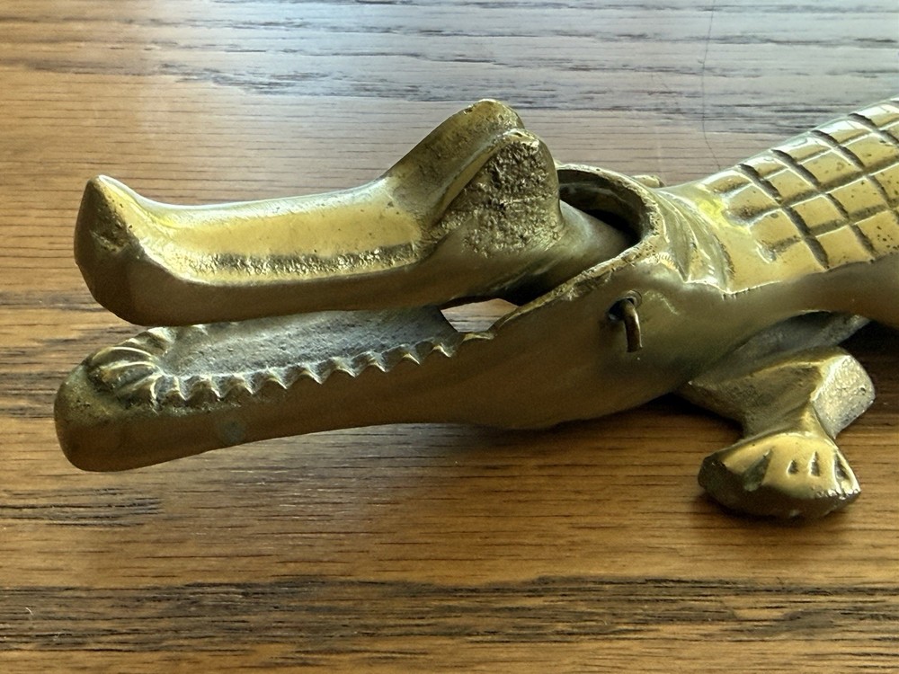 Vintage Solid Brass Alligator Crocodile Nutcracker MCM Figurine 10"