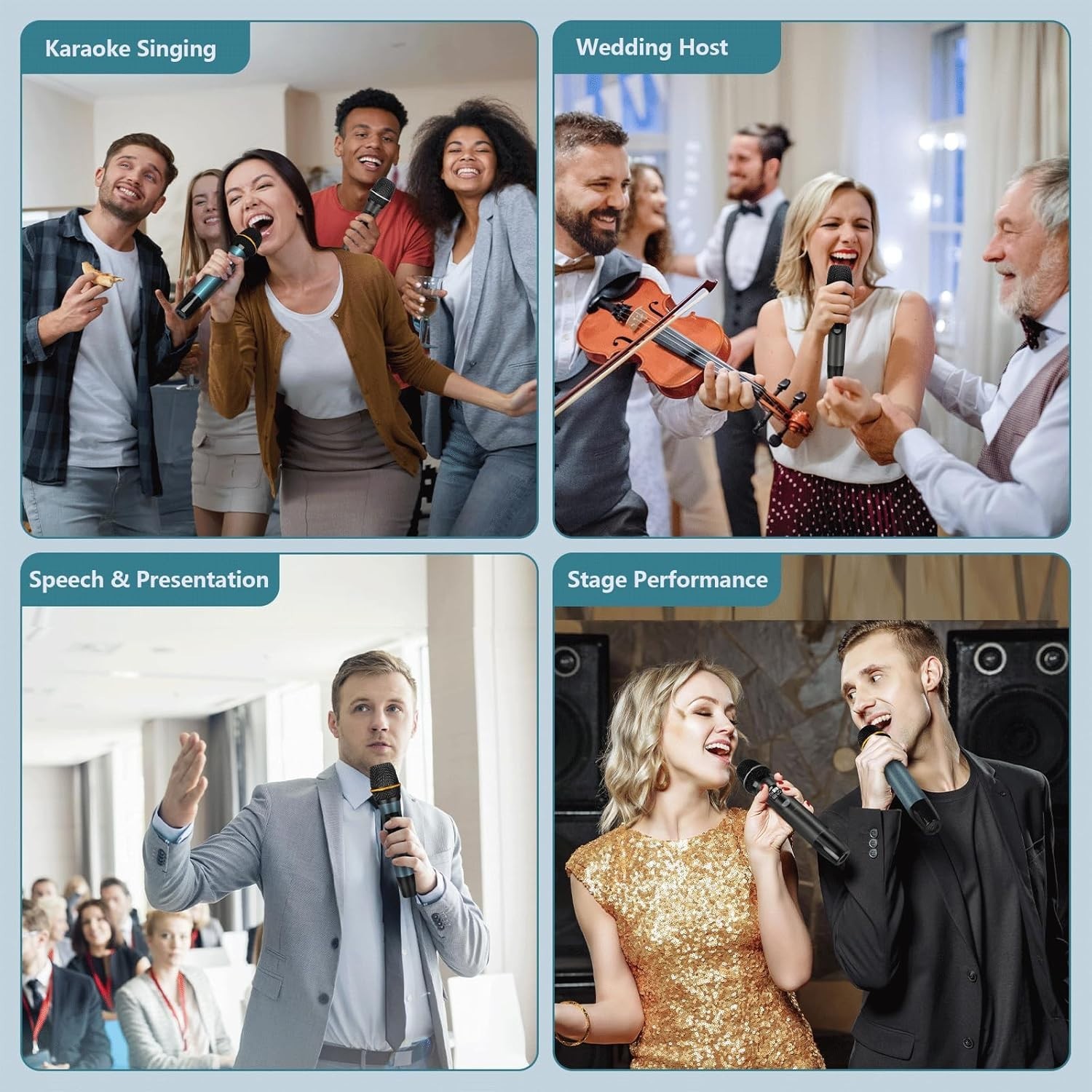 Wireless Microphones, UHF Metal Rechargeable Cordless Dynamic Mic System with Au