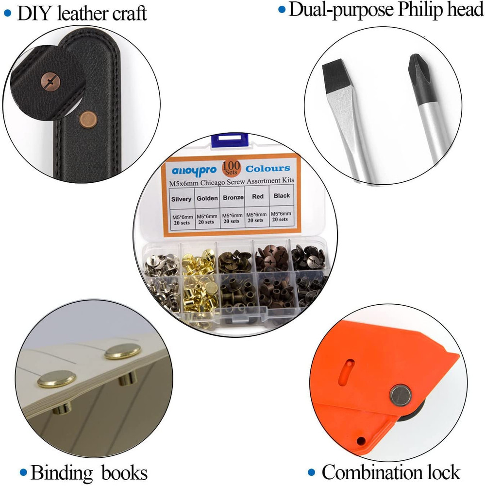 100 Sets Chicago Screws Assorted Kit 5 Color Leather Rivets Screw Rivets Flat